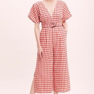 Moon River wide leg open back gingham jumpsuit